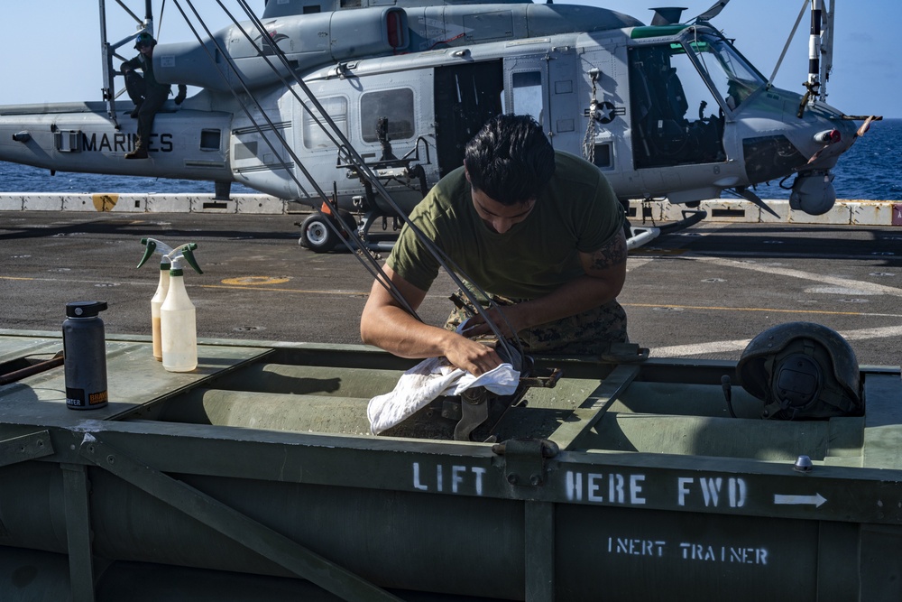 15th MEU Marines conduct preventive maintenance on HIMARS aboard Makin Island Amphibious Ready Group