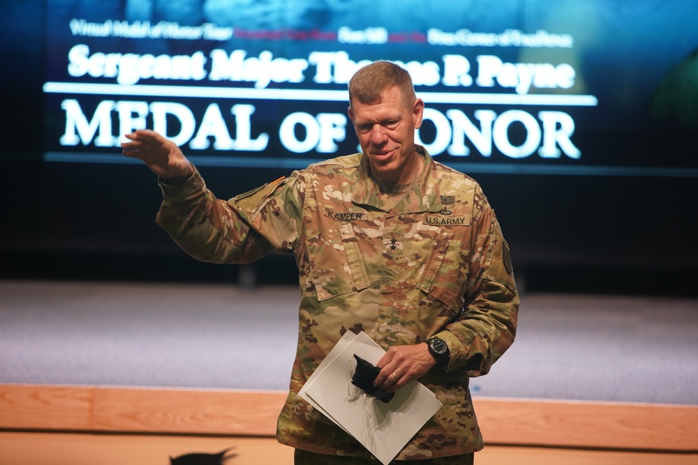 CG Ken Kamper introduces a speech by Medal of Honor winner SGM Thomas Payne