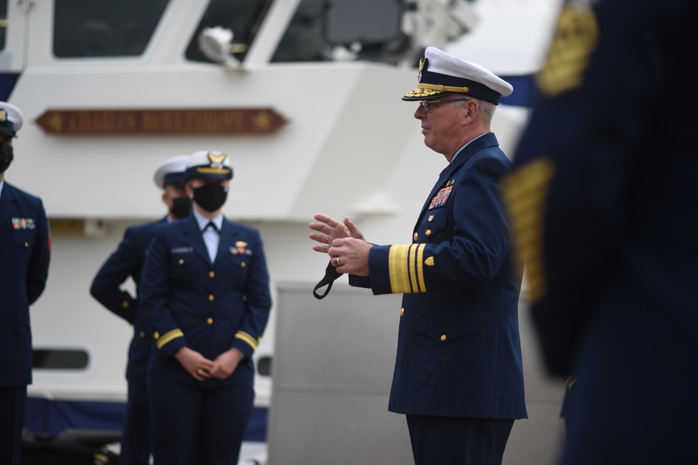 Atlantic Area commander speaks to members USCGC Charles Moulthrope (WPC 1141)
