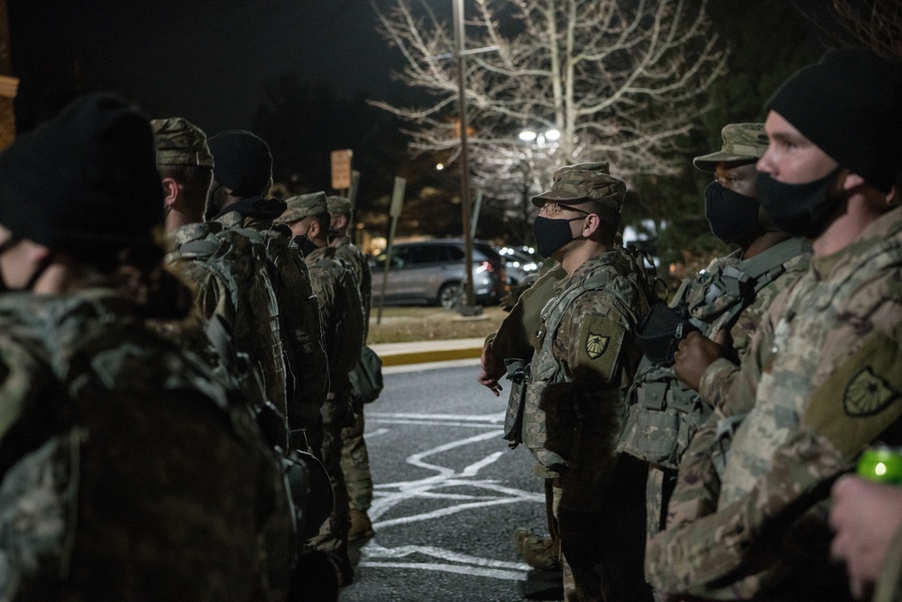 U.S. Soldiers from 682nd Engineer Battalion stand in formation in Washington D.C. as they prepare for a mission to the Capitol.
