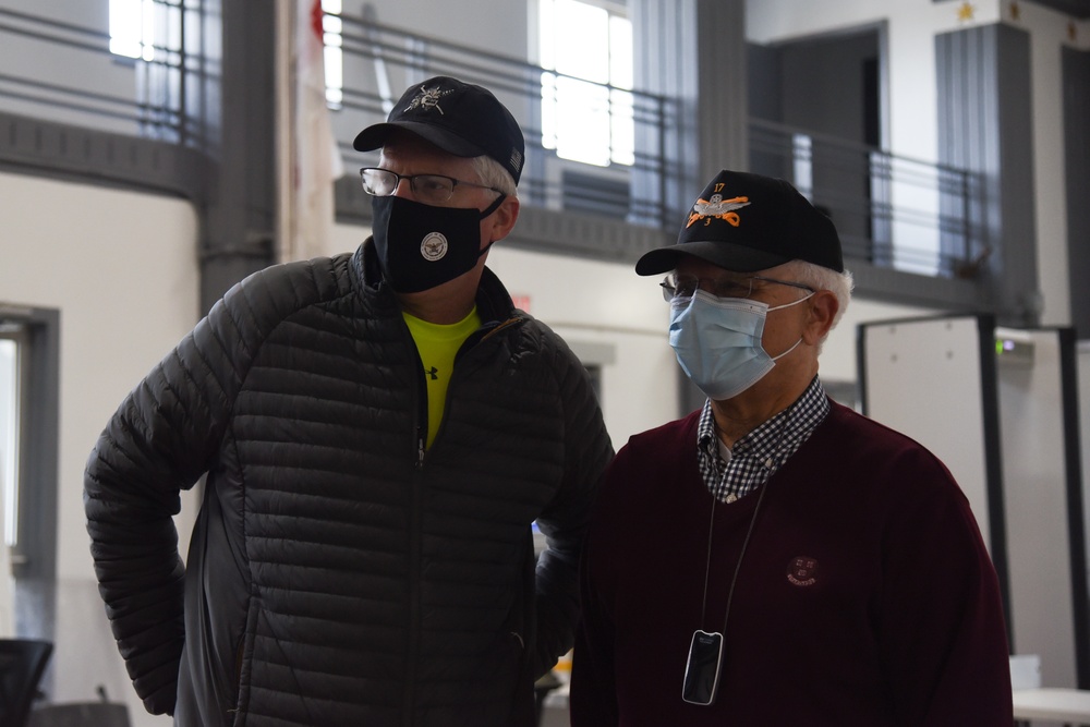 Christopher C. Miller, the acting secretary of defense, and retired U.S. Army Brig. Gen. Larry Gillespie visit the District of Columbia Armory in Washington, D.C., Jan. 16, 2021