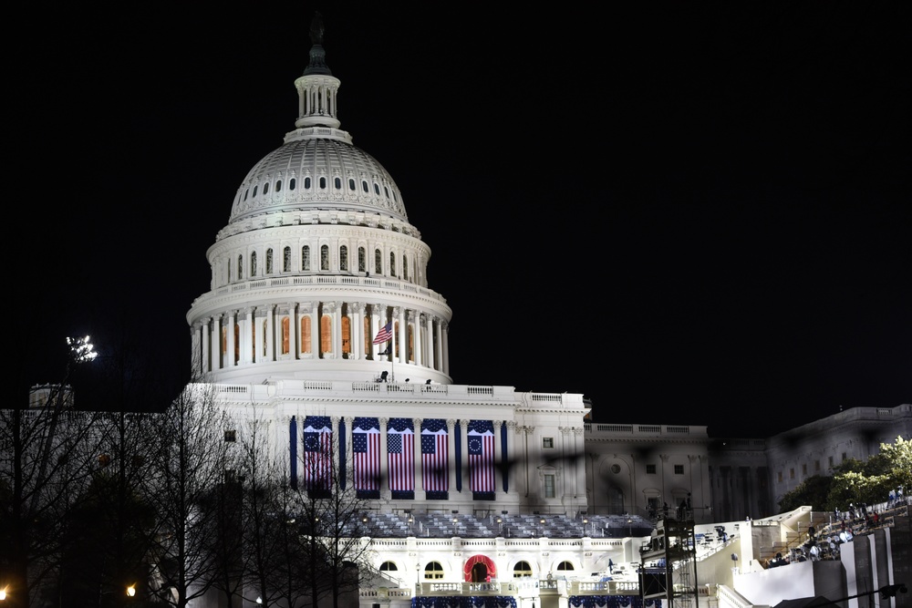 U.S. Soldiers and Airmen with the National Guard, provide security around the U.S. Capitol prior to the inauguration ceremony in Washington, D.C., Jan. 20, 2021