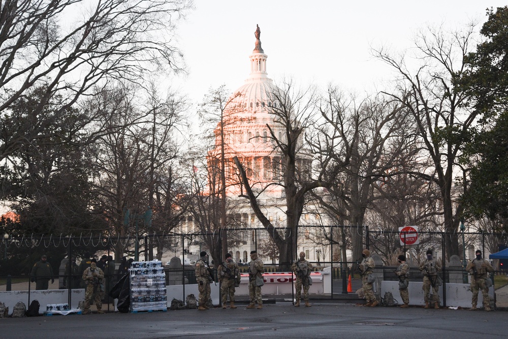 U.S. Soldiers and Airmen with the National Guard, provide security around the U.S. Capitol prior to the inauguration ceremony in Washington, D.C., Jan. 20, 2021