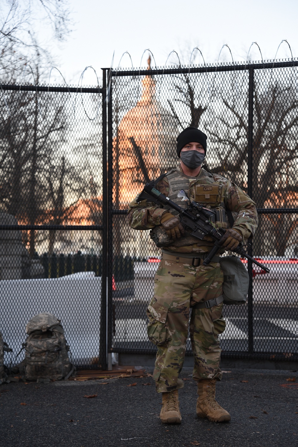 U.S. Army Sgt. Cody Anderson with Bravo Company, 1st Battalion, 128th Infantry, Wisconsin National Guard, stands guard in Washington, D.C., Jan. 20, 2021