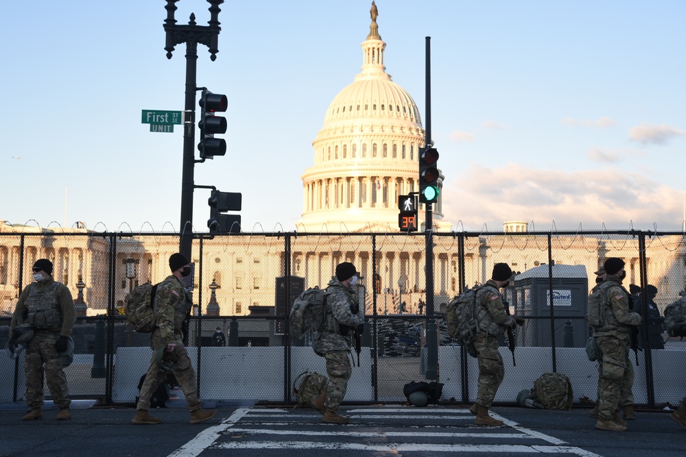 U.S. Soldiers and Airmen with the National Guard provide security around the U.S. Capitol prior to the inauguration ceremony in Washington, D.C., Jan. 20, 2021