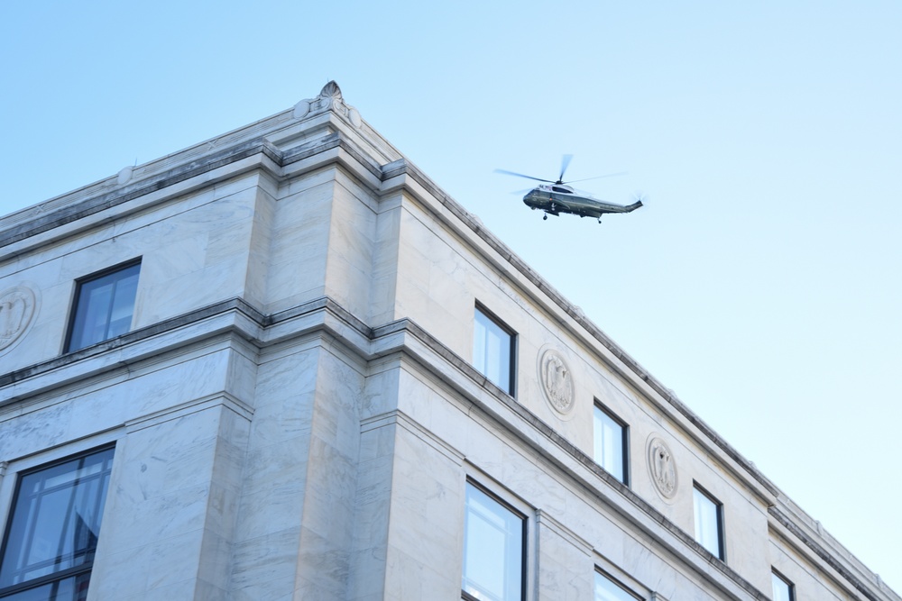 Marine One flies over the Capitol area in Washington, D.C., Jan. 20, 2021