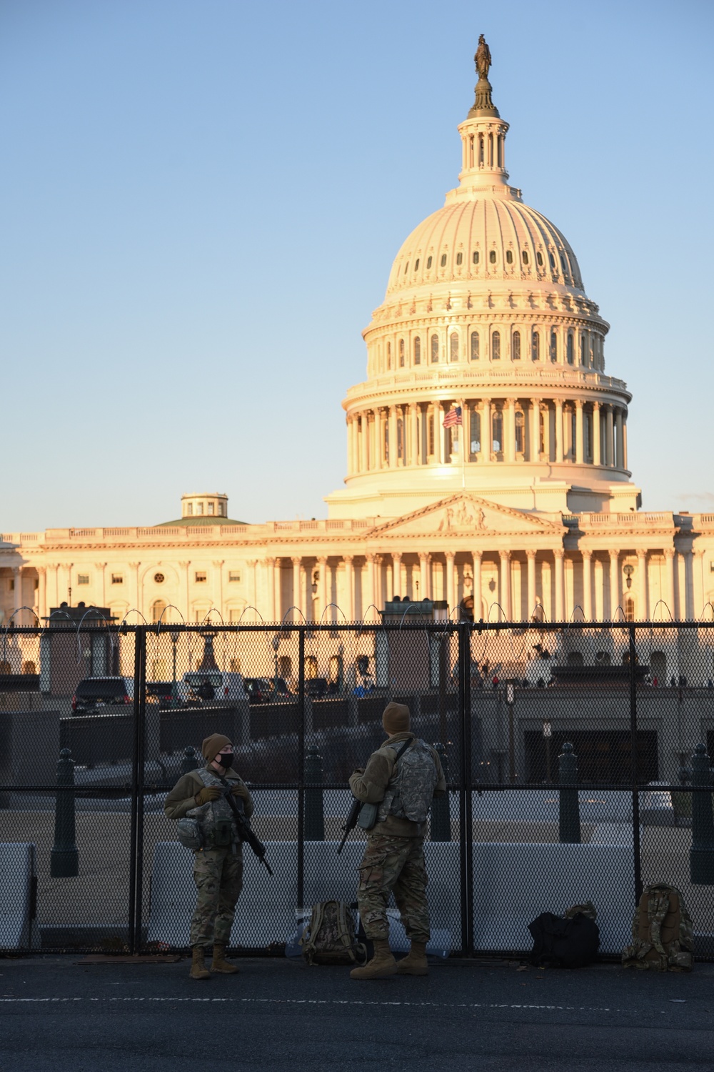 U.S. Soldiers and Airmen with the National Guard provide security around the U.S. Capitol prior to the inauguration ceremony in Washington, D.C., Jan. 20, 2021