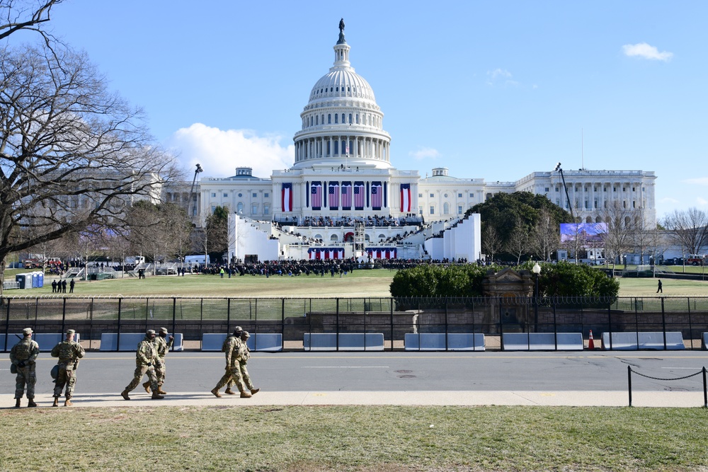 U.S. Soldiers and Airmen with the National Guard provide security around the U.S. Capitol prior to the inauguration ceremony in Washington, D.C., Jan. 20, 2021