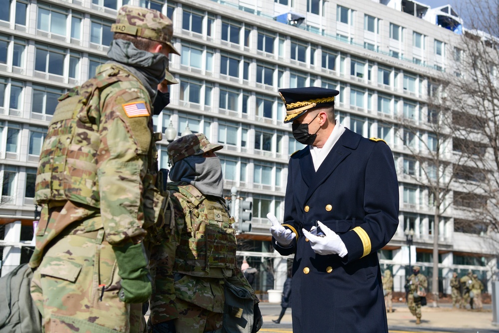 U.S. Army Gen. Daniel R. Hokanson, Chief of the National Guard Bureau, speaks with Soldiers from the 3rd Battalion, 121st Infantry Regiment, Georgia National Guard, after the inauguration in Washington, D.C., Jan. 20, 2021