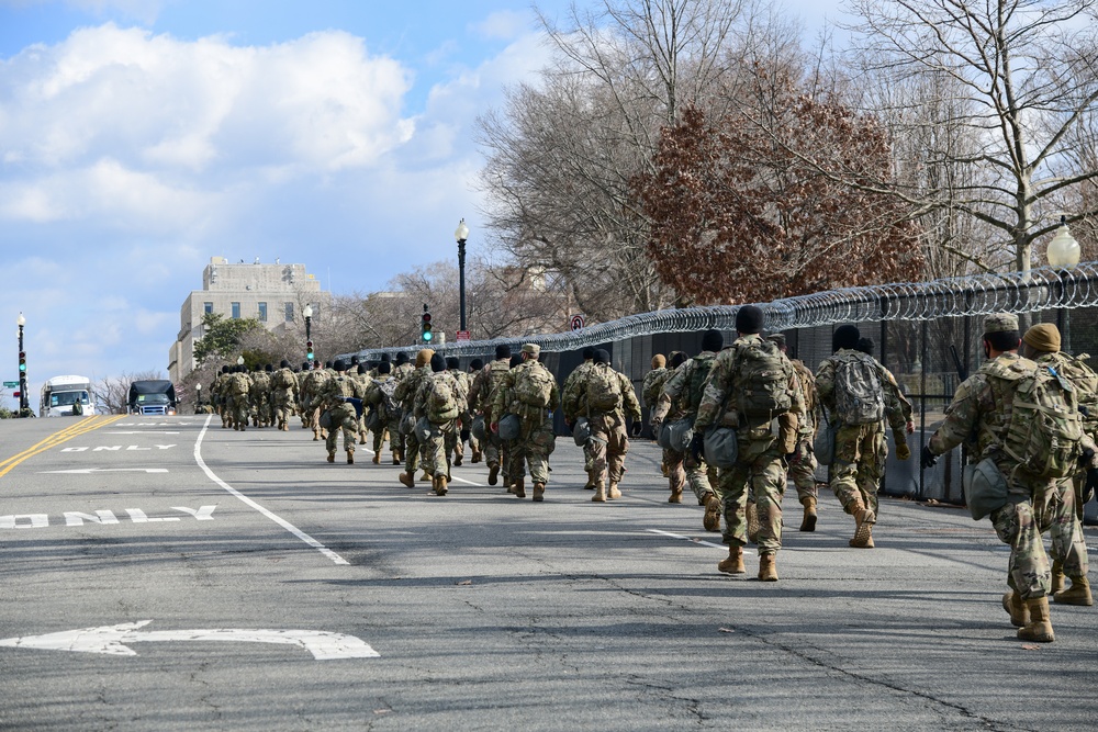 U.S. Soldiers and Airmen with the National Guard provide security around the U.S. Capitol prior to the inauguration ceremony in Washington, D.C., Jan. 20, 2021