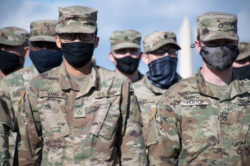 U.S. Soldiers from 850th Horizontal Engineer Company, MN National Guard, stand in company formation in Washington D.C.