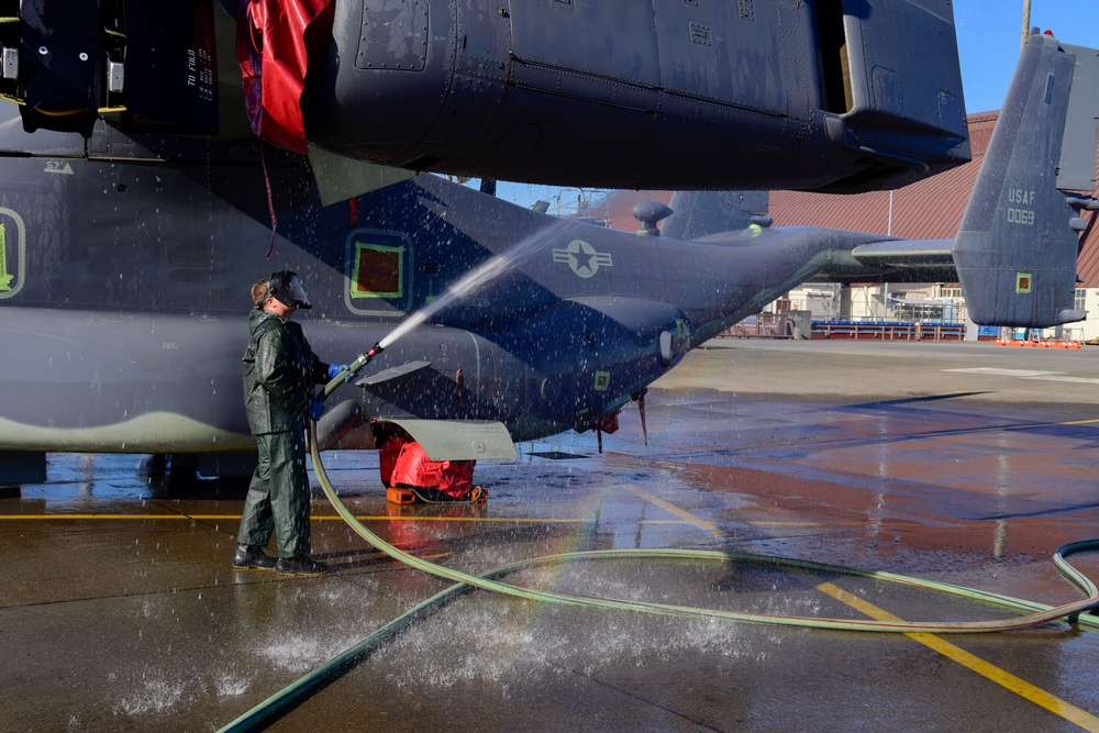 CV-22 gets cleaned for inspection