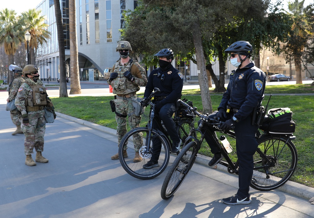 Cal Guard and CHP patrol Capitol Park on Inauguration Day