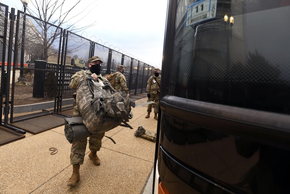 Peaceful transfer of presidential power secured. Massachusetts Soldiers depart Washington, D.C. after supporting the 59th Presidential Inauguration.