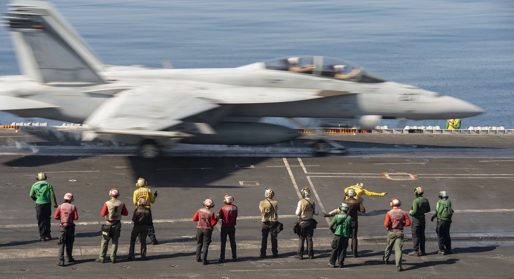 An F/A-18F Super Hornet Launches from the Flight Deck of Nimitz