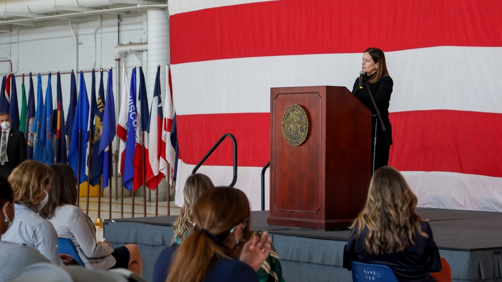 Second Lady of the United States, Karen Pence, speaks with Navy spouses