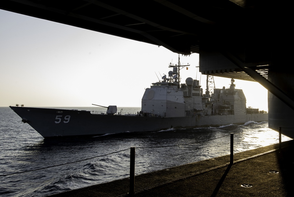 USS Princeton (CG 59) and USS Nimitz (CVN 68) Conduct A Fueling-At-Sea