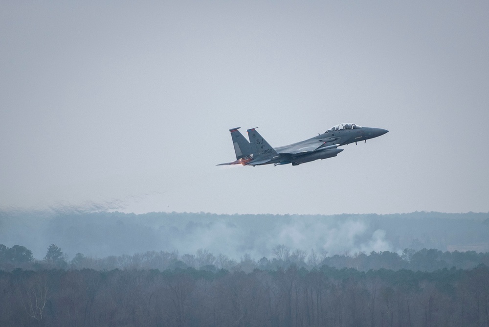 333rd Fighter Squadron F-15E Strike Eagles take off at SJAFB