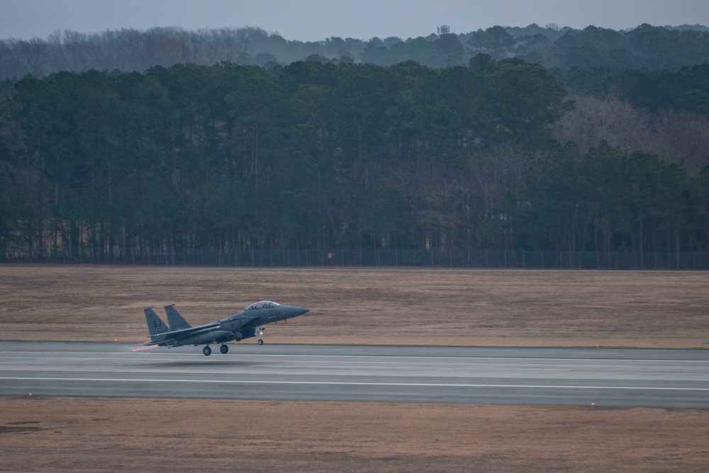 333rd Fighter Squadron F-15E Strike Eagles take off at SJAFB