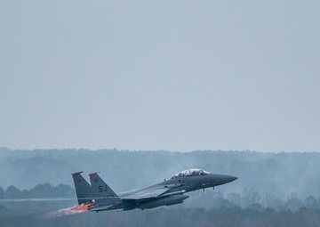 333rd Fighter Squadron F-15E Strike Eagles take off at SJAFB