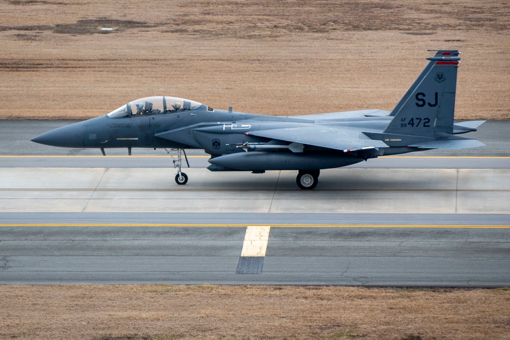 333rd Fighter Squadron F-15E Strike Eagles take off at SJAFB