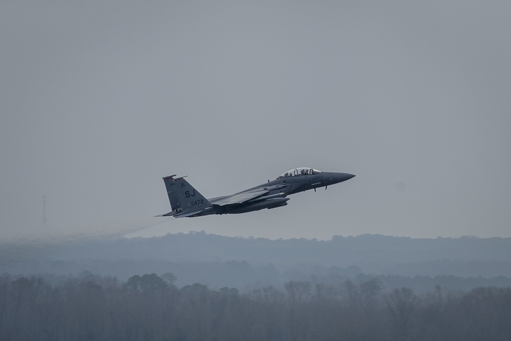 333rd Fighter Squadron F-15E Strike Eagles take off at SJAFB