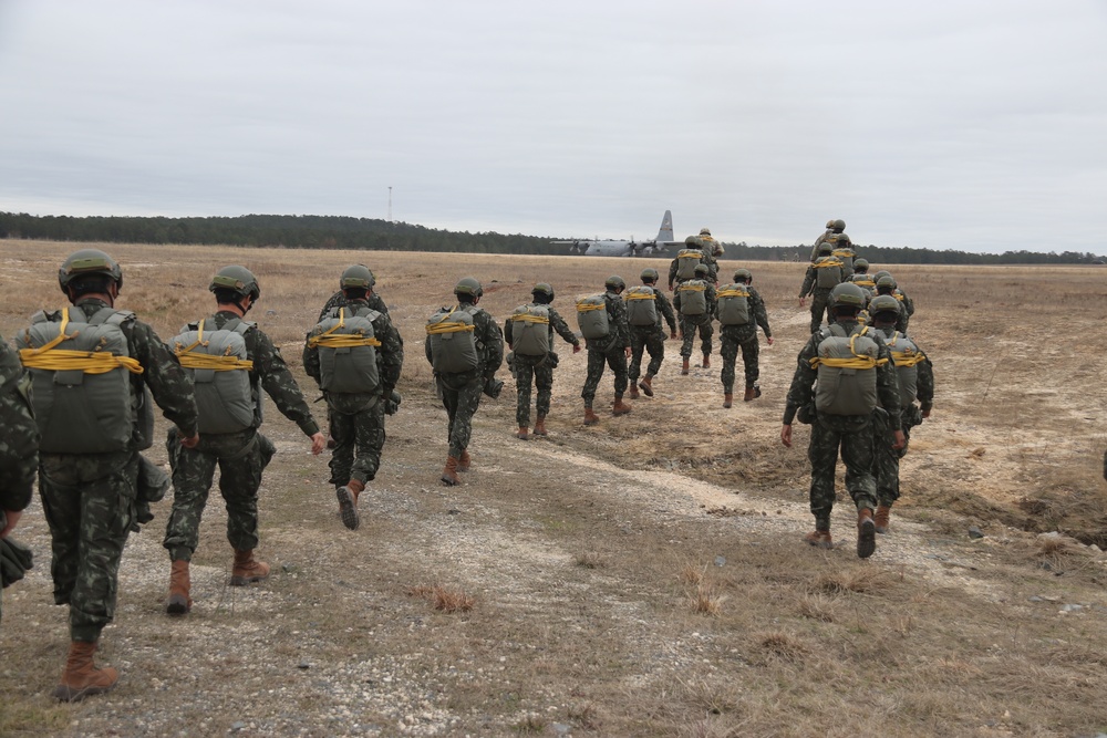 Brazilian Paratroopers marching to plane before jump at JRTC 21-04.