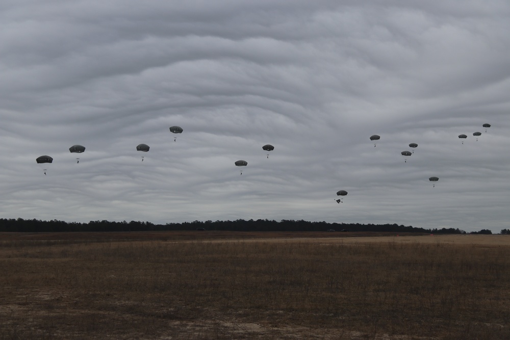 Brazilian Paratroopers parachuting in gray sky at JRTC 21-04.