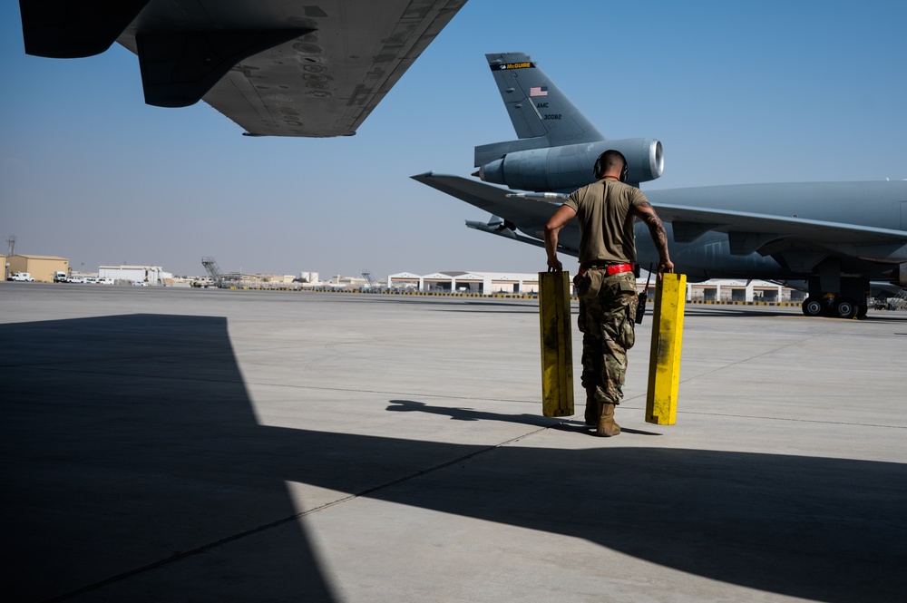 KC-10 fuels bomber mission