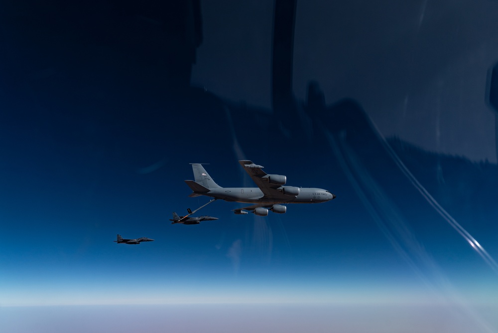 B-52 Stratofortresses fly in formation with U.S. Air Force F-15E Strike Eagles, Saudi Royal Air Force fighter jets, and U.S. Navy F/A-18 Hornets