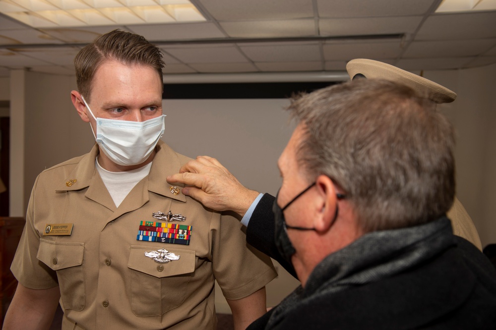 RPC Jesse Kiepper, receives his anchors during USS Constitution’s Chief Petty Officer pinning ceremony