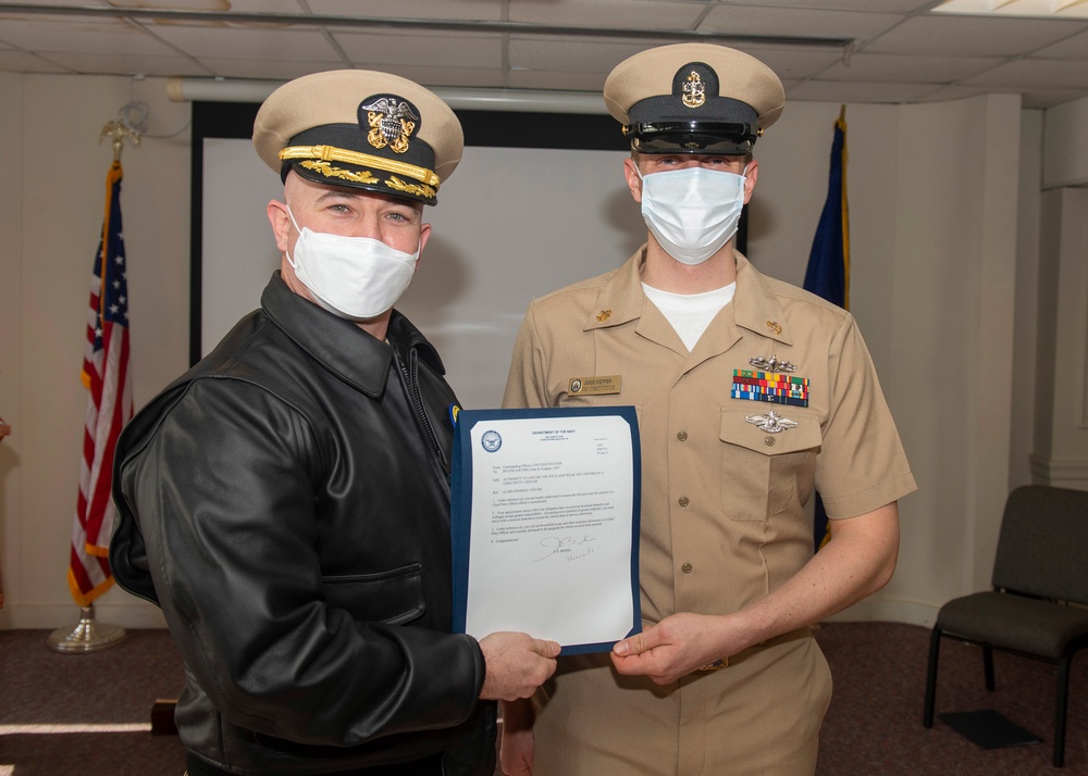 RPC Jesse Kiepper, receives his anchors during USS Constitution’s Chief Petty Officer pinning ceremony