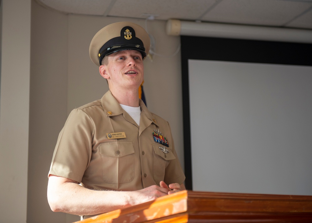RPC Jesse Kiepper, receives his anchors during USS Constitution’s Chief Petty Officer pinning ceremony