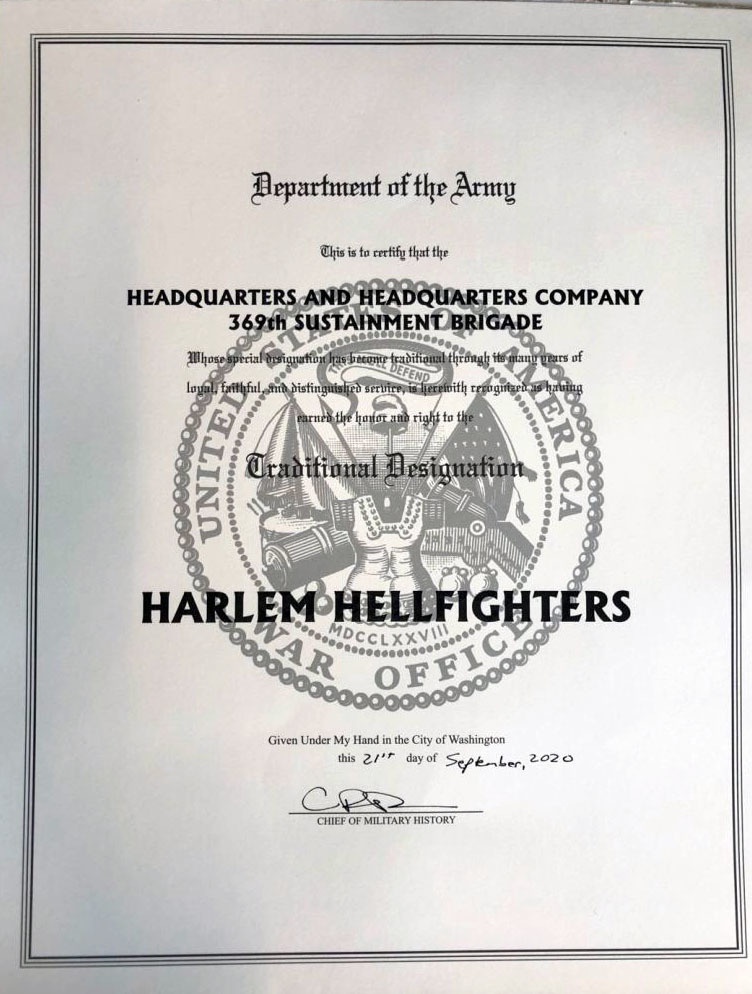 Harlem Hellfighters naming certificate