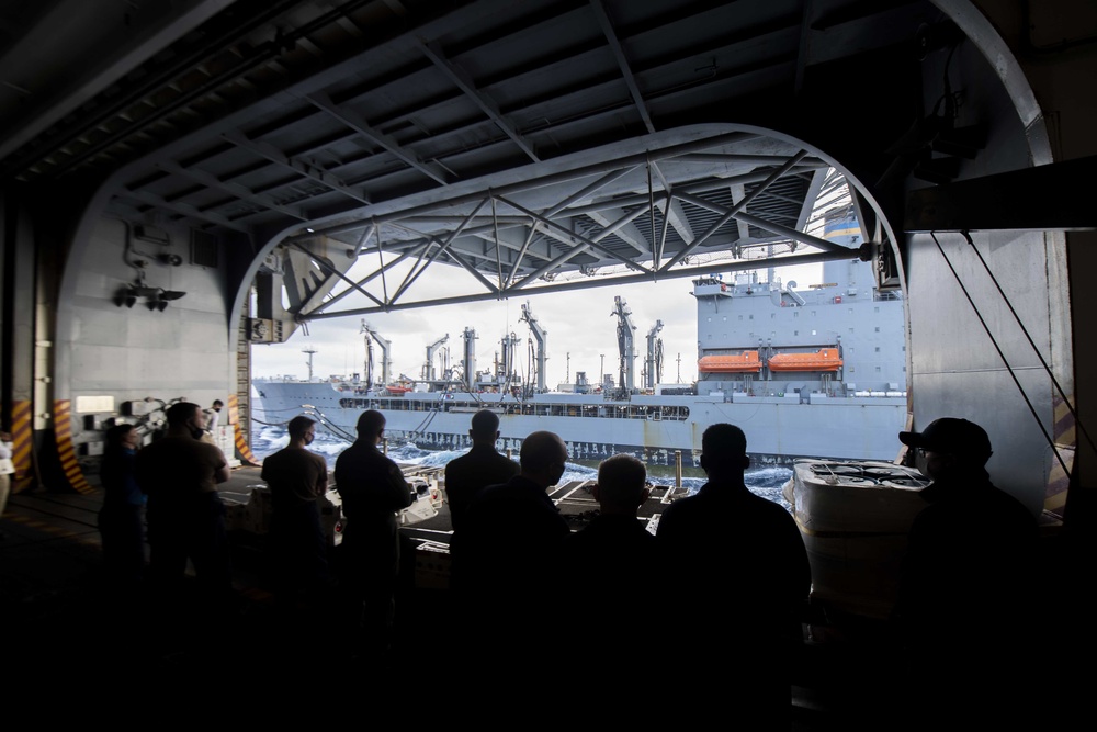 USS America (LHA6) conducts replenishment-at-sea with USNS John Ericsson