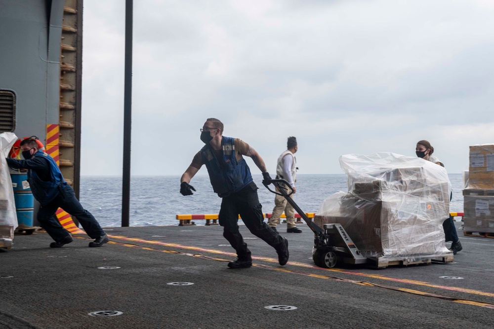 USS America (LHA6) conducts replenishment-at-sea with USNS John Ericsson