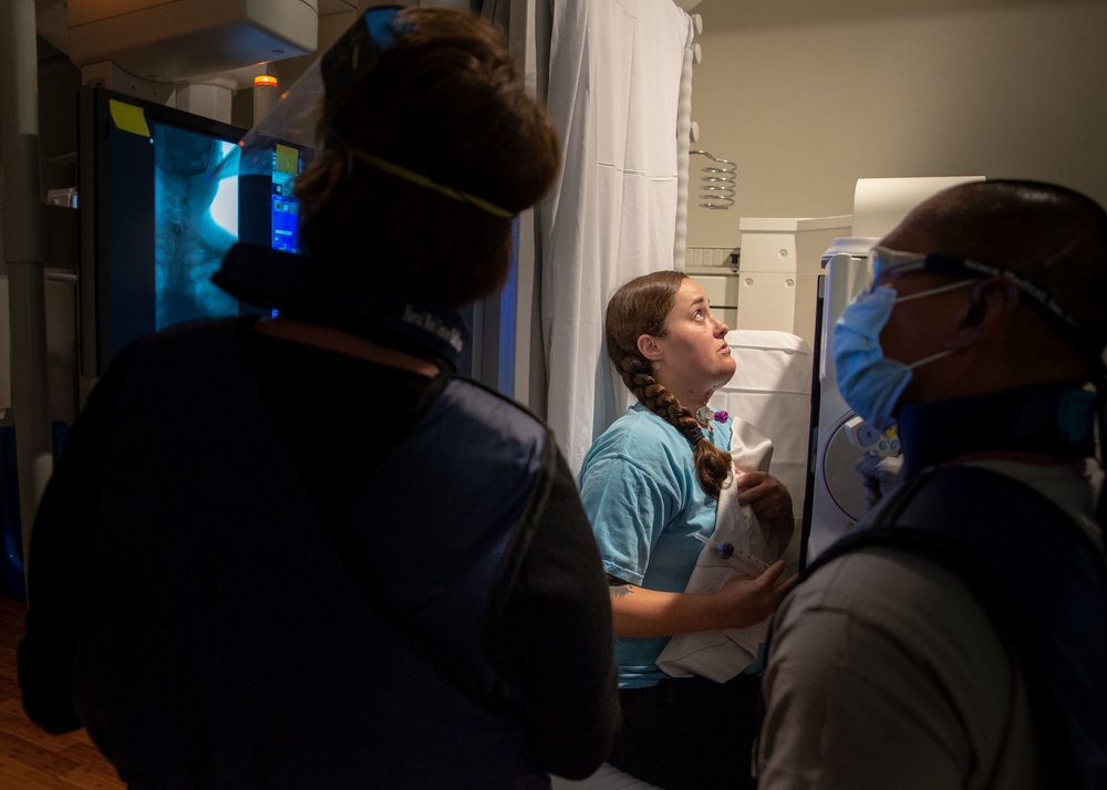 Patient Performs Swallow Study in NMCSD’s Radiology Department