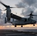 An MV-22B Osprey assigned to the 31st Marine Expeditionary Unit (MEU) lands on the flight deck of the forward-deployed amphibious assault ship USS America (LHA 6)