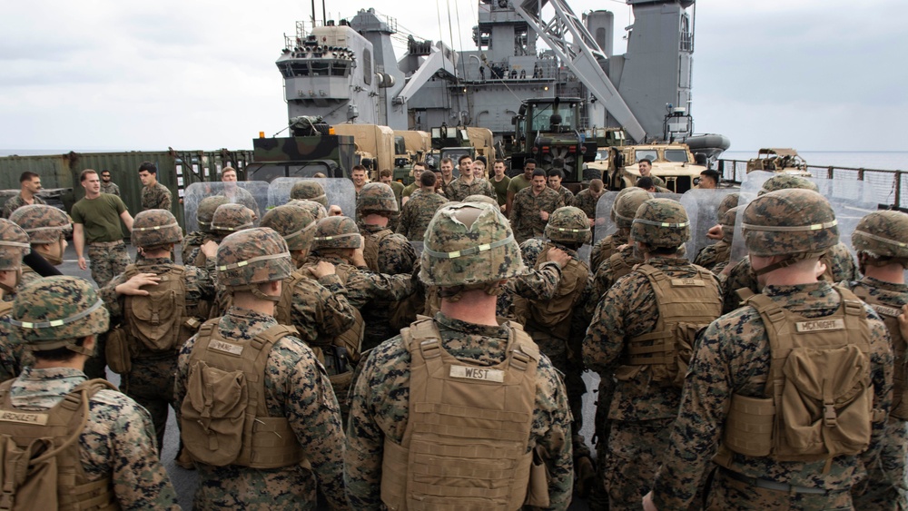 BLT 3/4 practices riot control on the flight deck