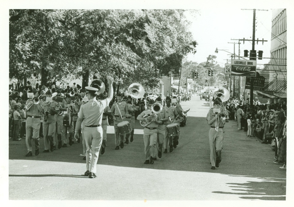 5th Infantry Division (Mechanized) Band in a parade in downtown Leesville during Vietnam era