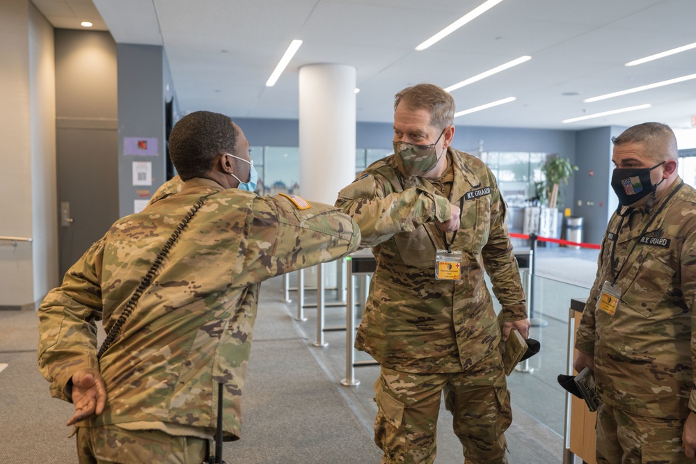 NY Guard Brig. Gen. David Warager visits troops at Javits Center in support of state efforts to administer COVID-19 vaccines