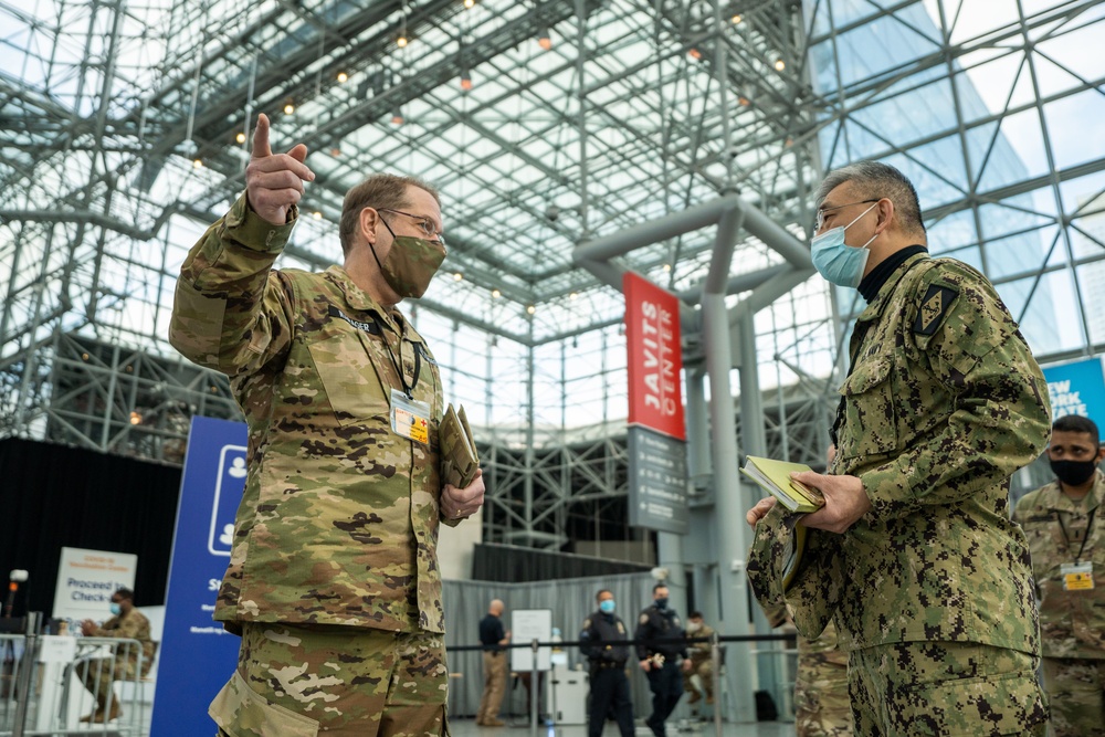 NY Guard Brig. Gen. David Warager visits troops at Javits Center in support of state efforts to administer COVID-19 vaccines