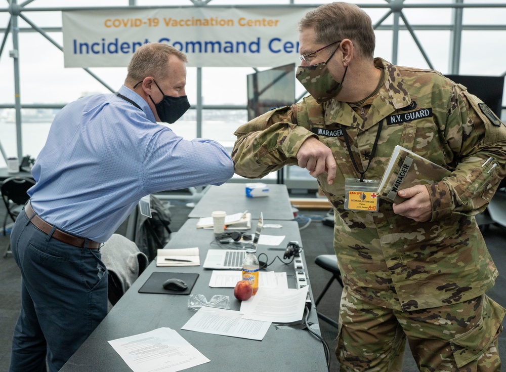 NY Guard Brig. Gen. David Warager visits troops at Javits Center in support of state efforts to administer COVID-19 vaccines