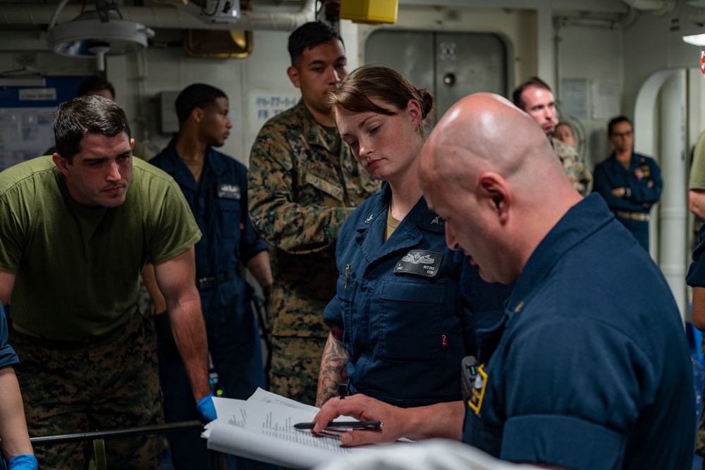 Sailors aboard USS Makin Island conduct a mass casualty training event