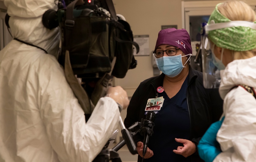 Maj. Becky Bautch is interviewed at The Los Angeles County University of Southern California Medical Center Intensive Care Unit