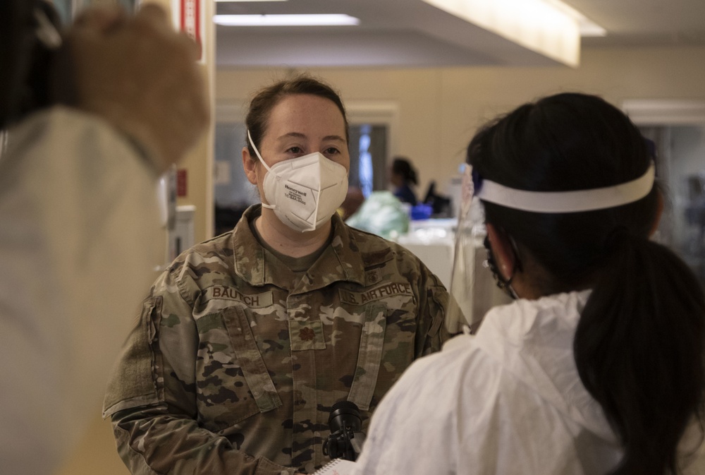 Maj. Becky Bautch is interviewed at The Los Angeles County University of Southern California Medical Center Intensive Care Unit