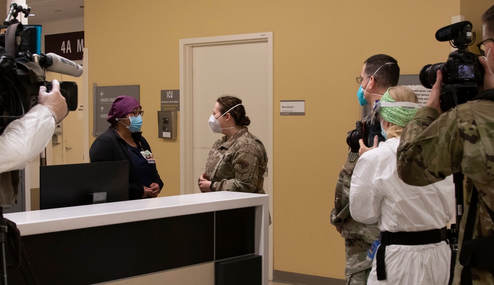 Maj. Becky Bautch is interviewed at The Los Angeles County University of Southern California Medical Center Intensive Care Unit
