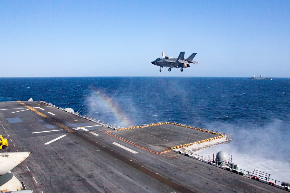 15th MEU F-35B Lightning II demonstrates reverse landing aboard USS Makin Island