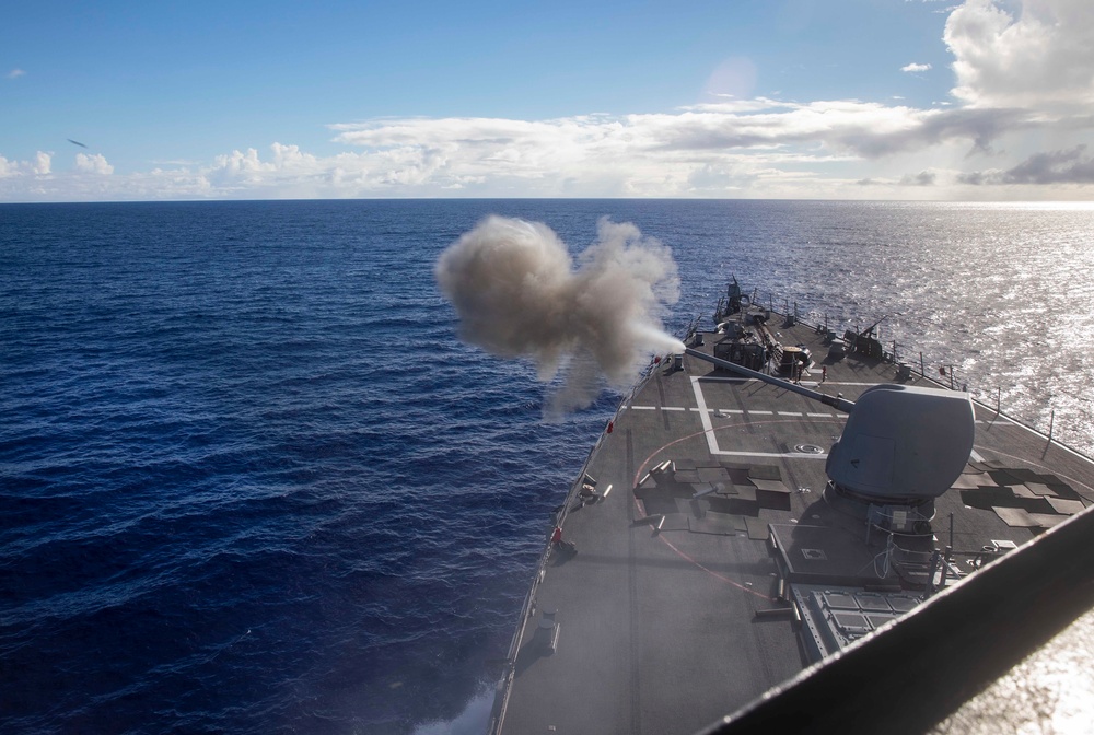 USS Benfold fires MK45 gun