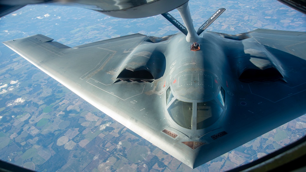 B-2 Spirit is refueled by a KC-135 Stratotanker